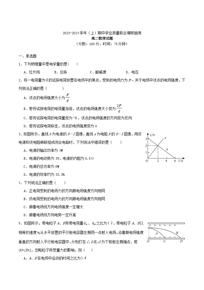 重庆市乌江县2023_2024学年高二物理上学期期中学业质量联合调研抽测试题