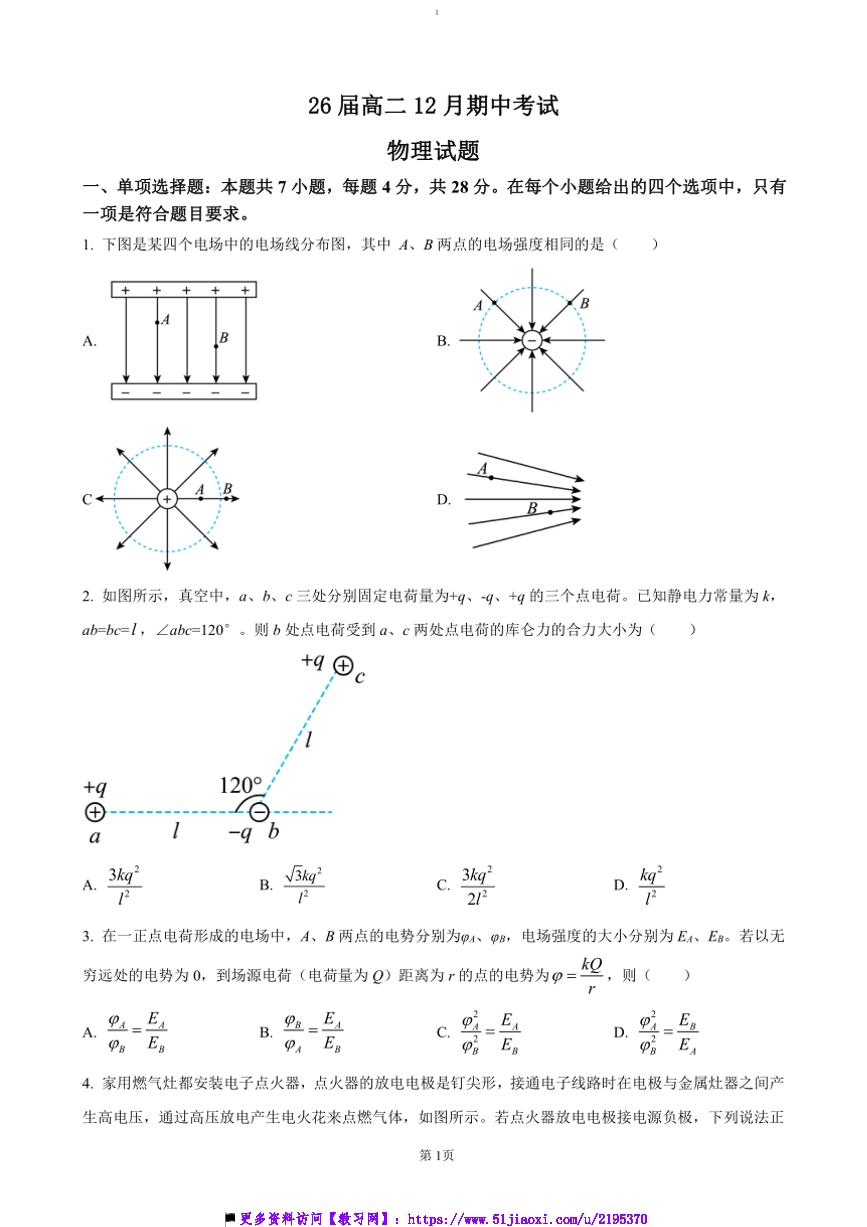 2024～2025学年四川省眉山中学高二上12月期中物理试卷(含答案)