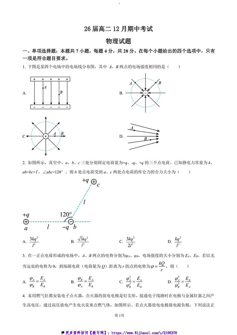 2024~2025学年四川省眉山中学高二上12月期中物理试卷(含答案)第1页
