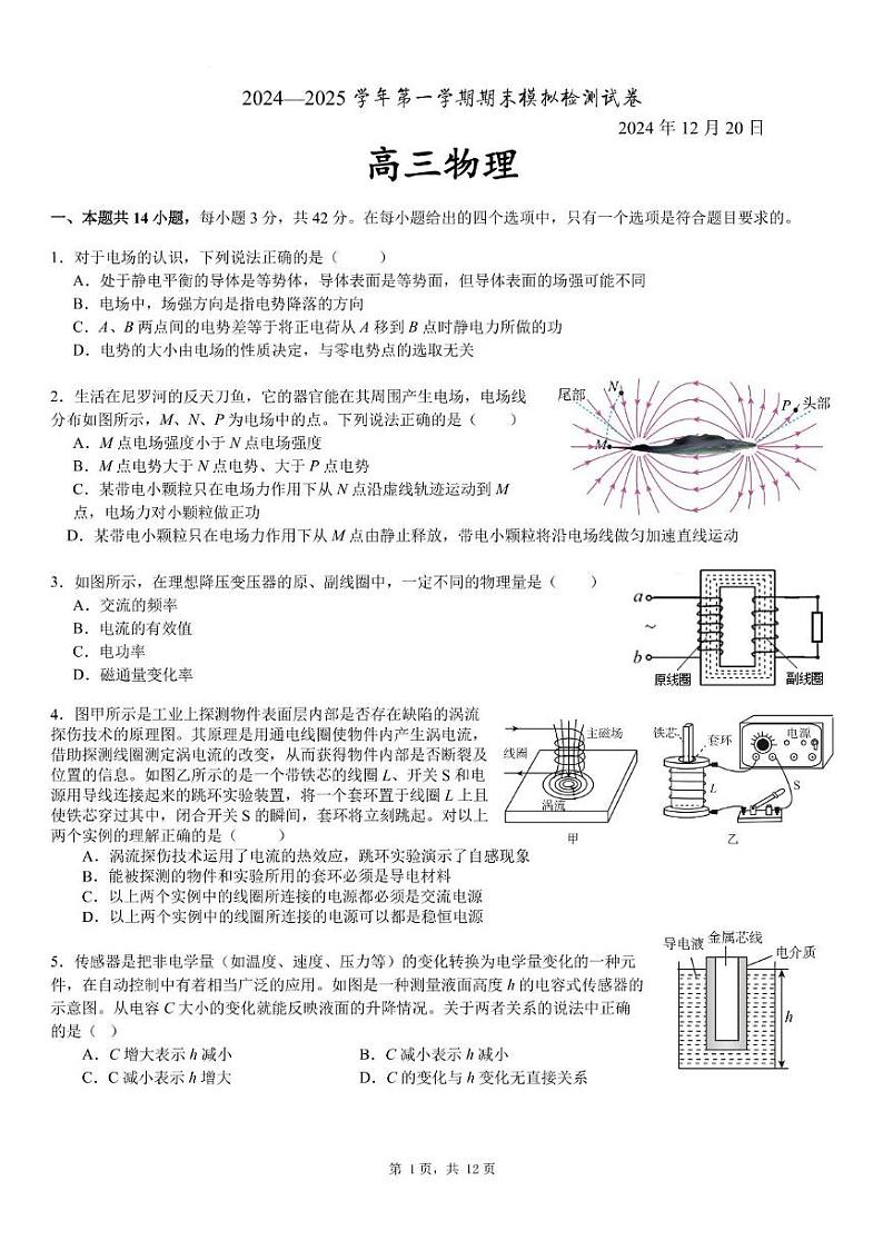 北京市清华大学附属中学2024-2025学年高三上学期期末模拟物理试卷第1页