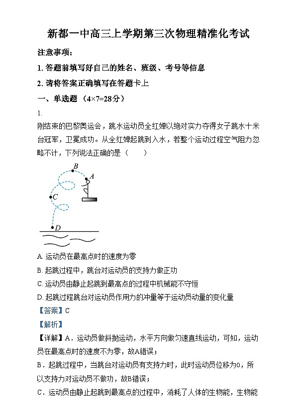 四川省成都市新都一中2025届高三上学期11月第三次精准化考试物理试卷(Word版附解析)第1页