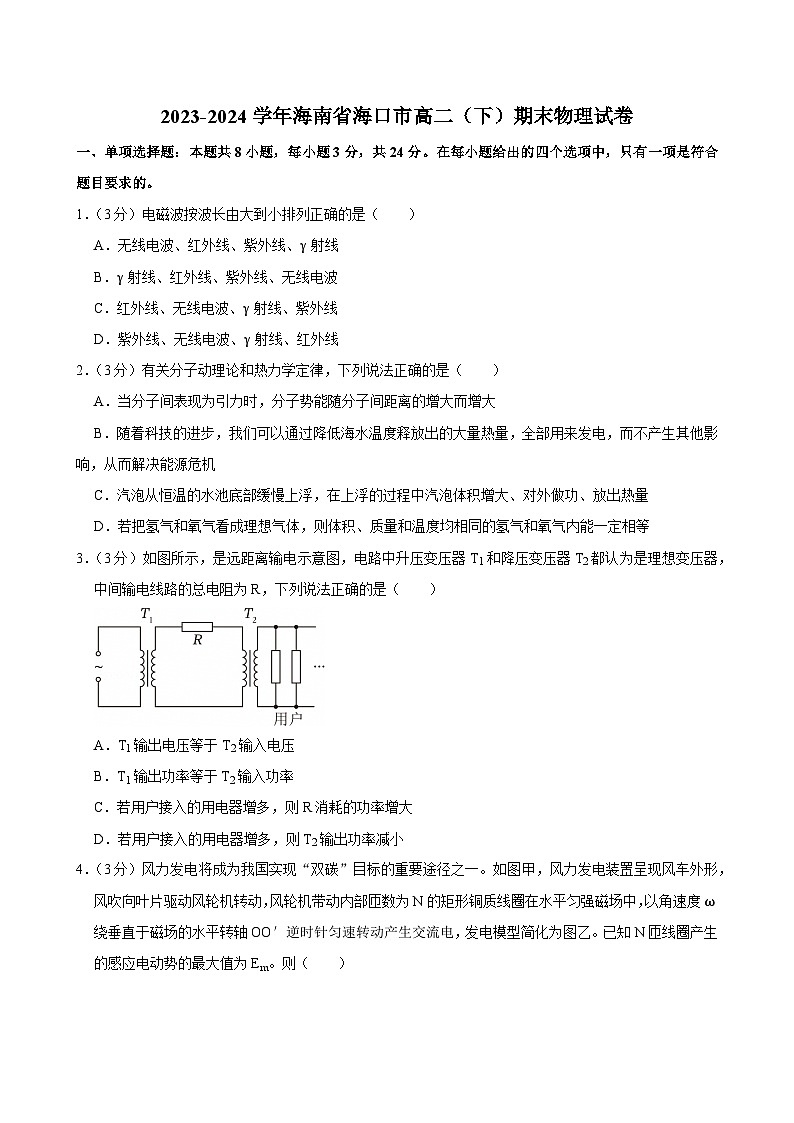 2023-2024学年海南省海口市高二(下)期末物理试卷第1页