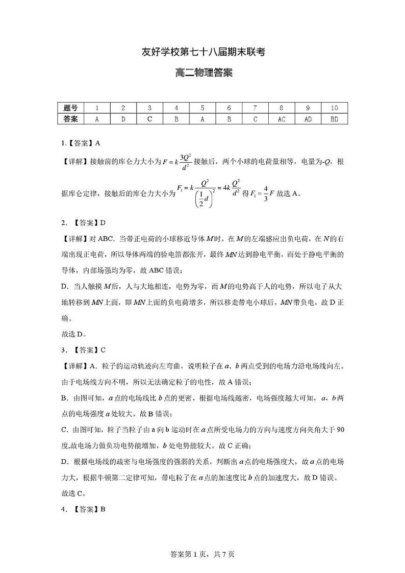 友好学校第七十八届期末联考高二物理试题及答案 高二物理答案第1页