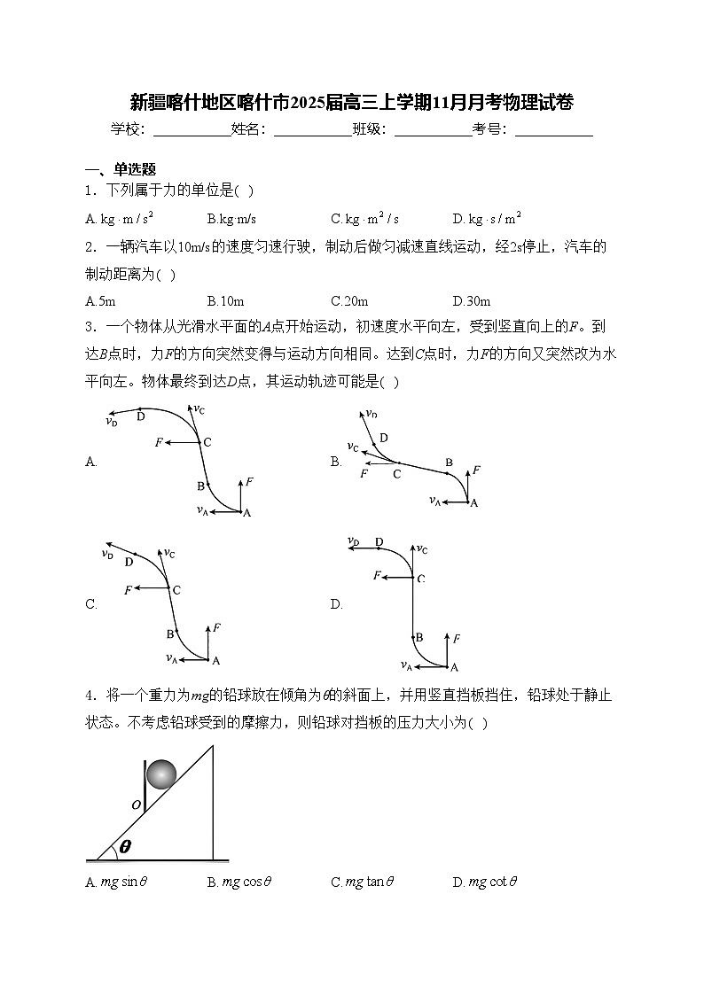 新疆喀什地区喀什市2025届高三上学期11月月考物理试卷(含答案)第1页