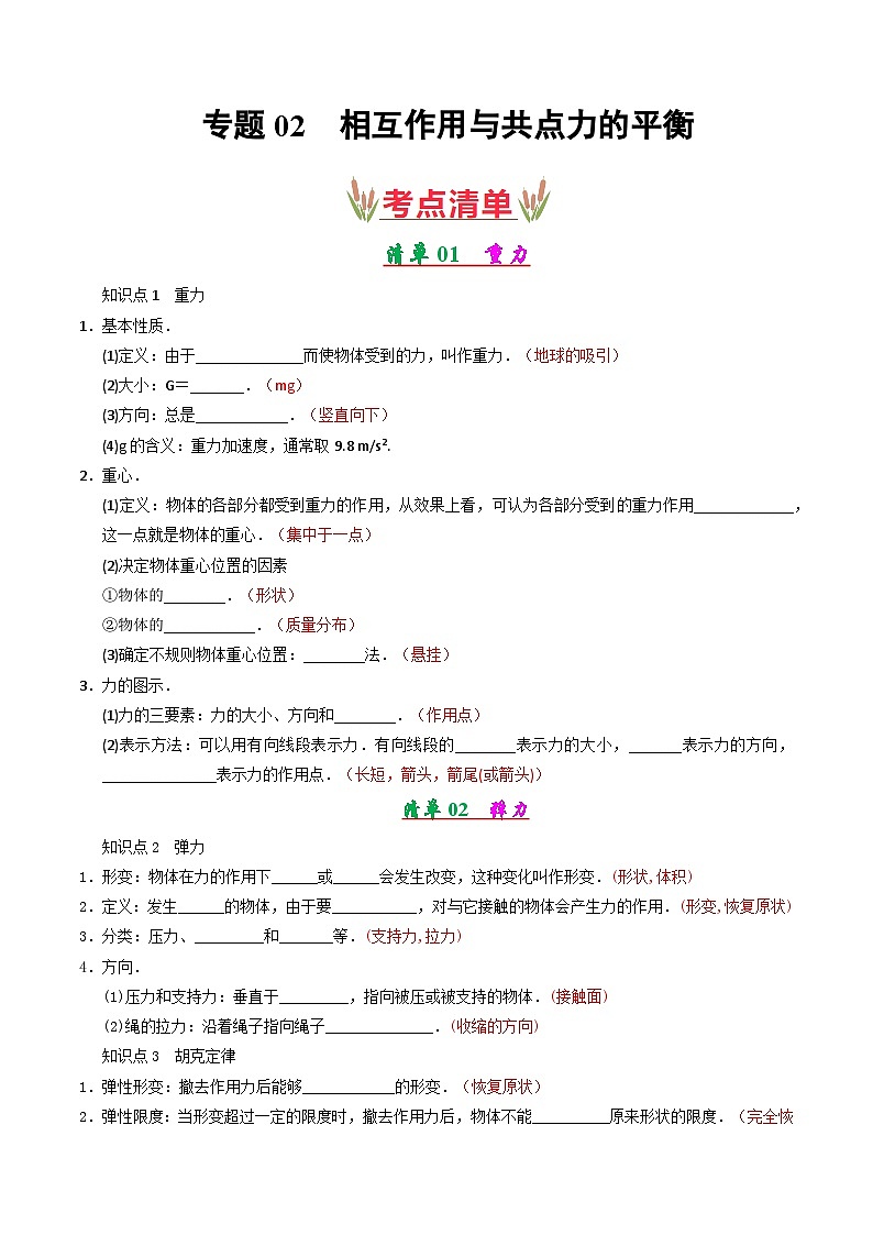 專題02 相互作用與共點(diǎn)力的平衡（考點(diǎn)清單）（解析版）第1頁