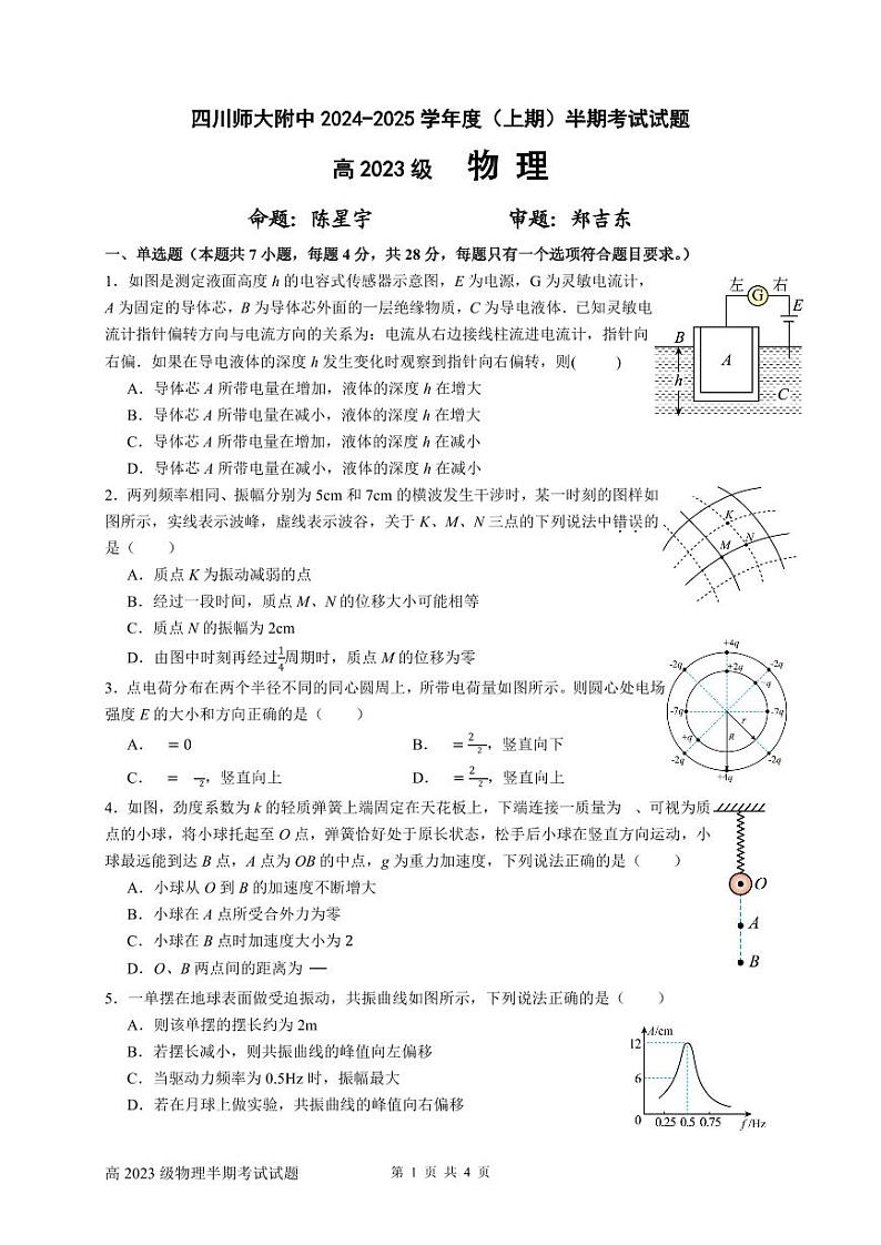 四川省四川师范大学附属中学2024-2025+学年高二上学期半期考试物理试题第1页