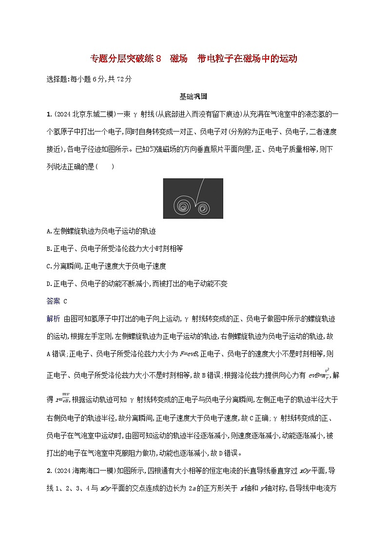 2025届高考物理二轮总复习专题分层突破练8磁场带电粒子在磁场中的运动第1页