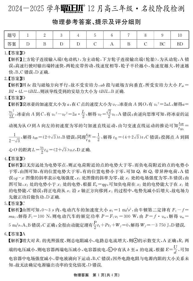 2024-2025学年耀正优12月高三年级·名校阶段检测物理答案第1页