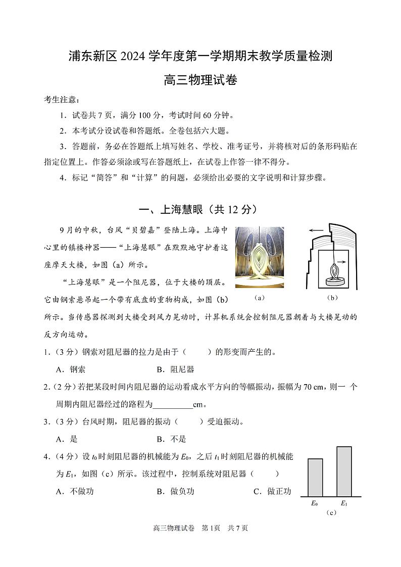 上海市浦东新区2024-2025高三一模教学质量检测物理试题+答案第1页