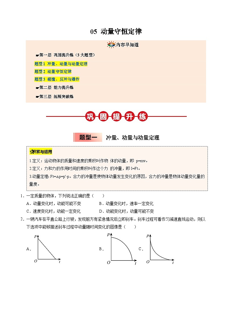 ③寒假提升练-05 动量守恒定律(学生版)2025年高二物理寒假衔接讲练 (人教版)第1页