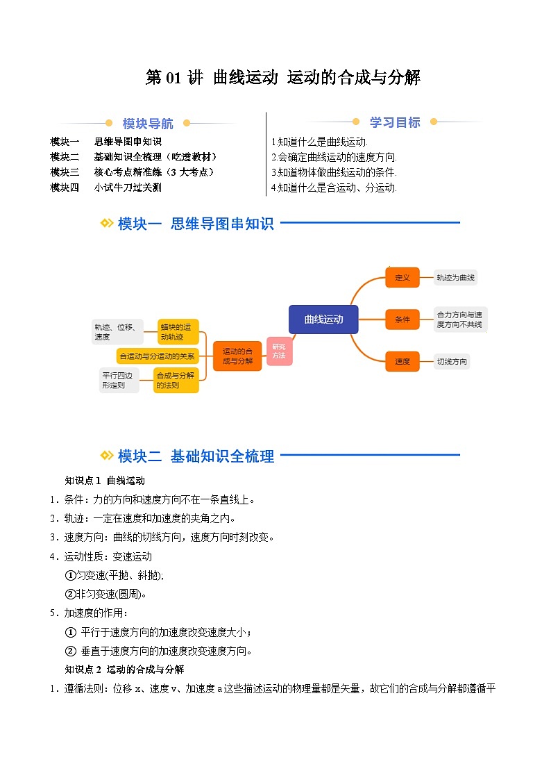 ②寒假预习-第01讲 曲线运动 运动的合成与分解(学生版)2025年高一物理寒假衔接讲练 (人教版)第1页