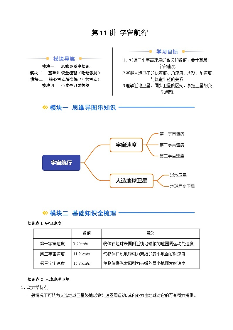 ②寒假预习-第11讲 宇宙航行(教师版)2025年高一物理寒假衔接讲练 (人教版)第1页