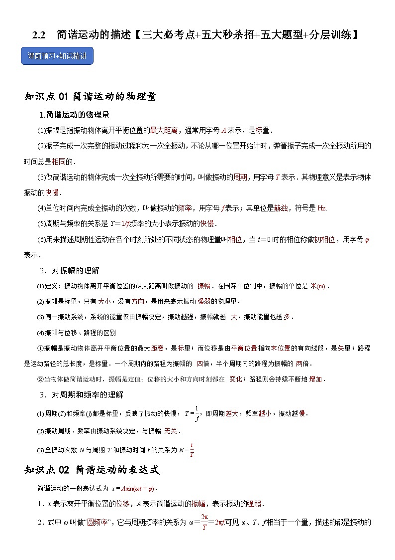 2.2 简谐运动的描述-2024-2025学年高二物理题型归类+解题大招(人教版2019选择性必修第一册)(原卷版)第1页