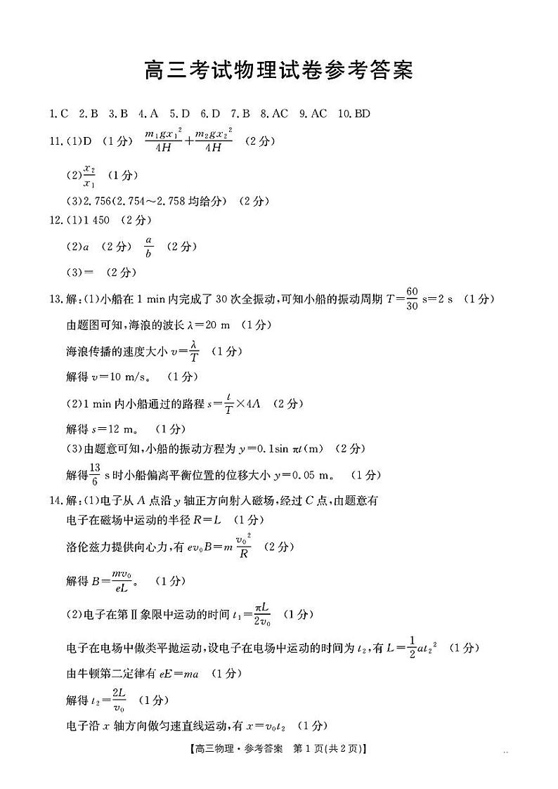 辽宁省2025年1月份高三联考试卷 物理试卷(参考答案)第1页