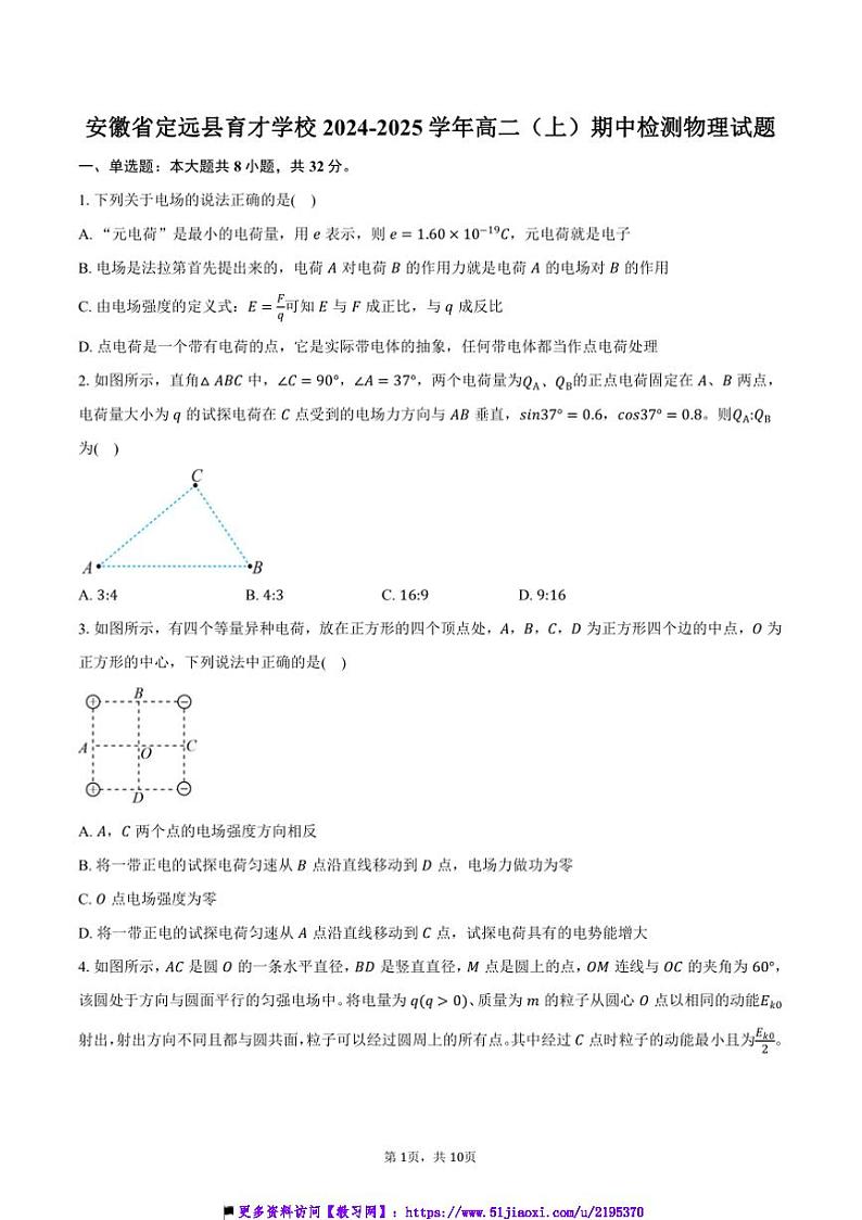 2024~2025学年安徽省定远县育才学校高二上()期中检测物理试卷(含答案)第1页