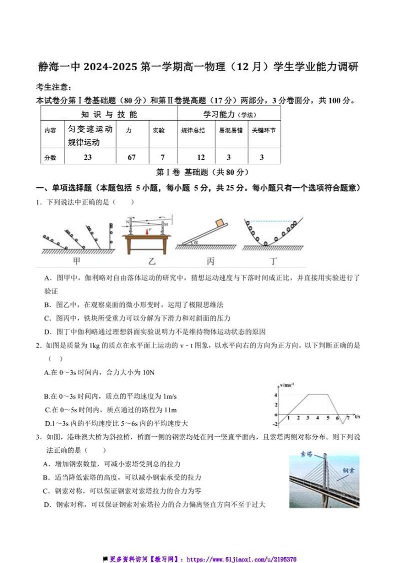 2024~2025学年天津市静海区第一中学高一上12月学生学业能力调研试卷物理(含答案)第1页