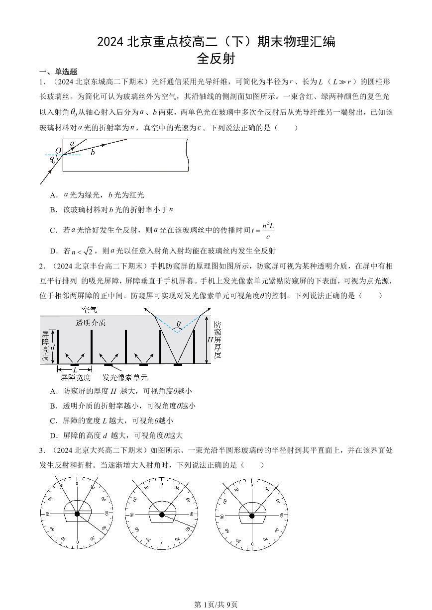 2024北京重点校高二（下）期末真题物理汇编：全反射