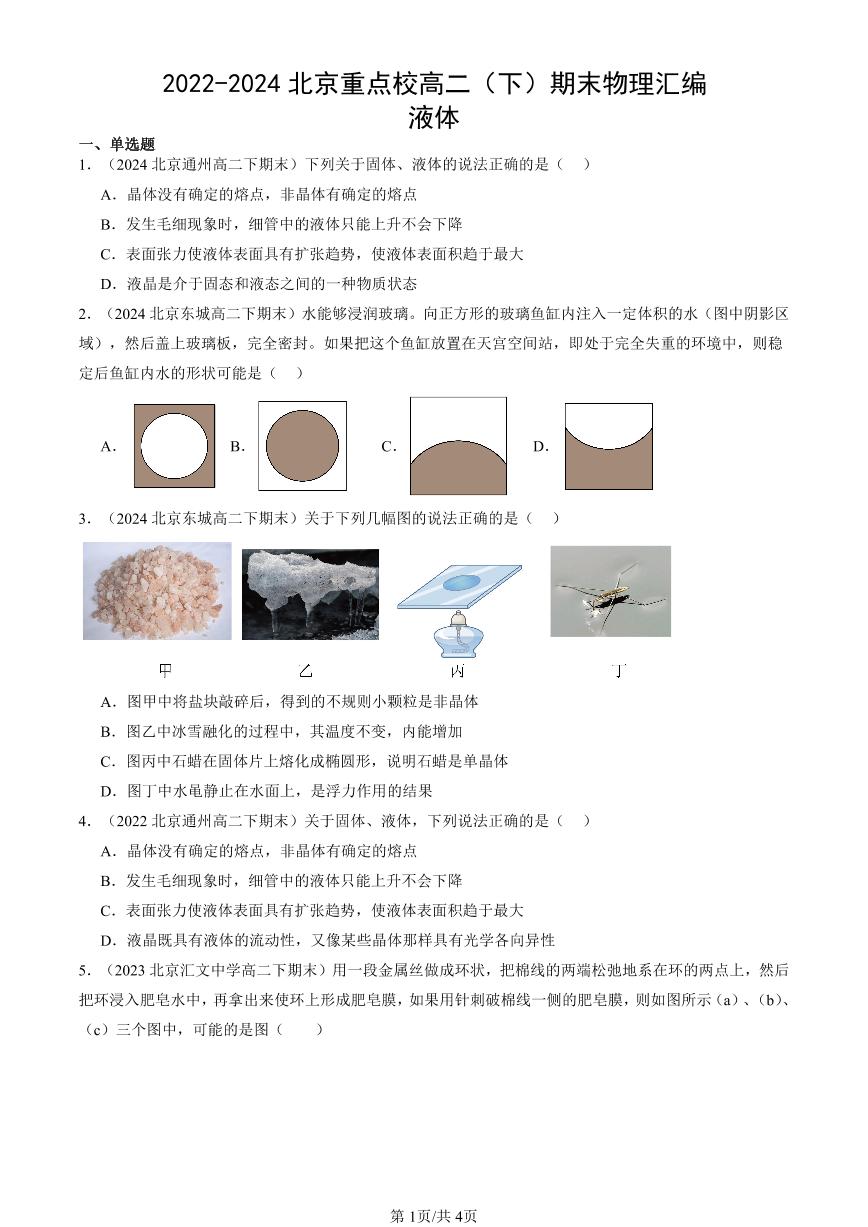 2022-2024北京重点校高二（下）期末真题物理汇编：液体