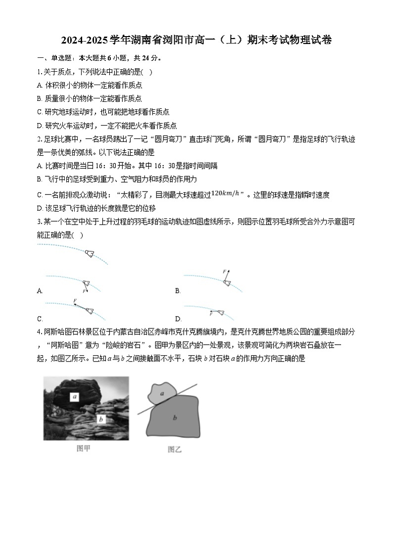 湖南省浏阳市2024-2025学年高一上学期期末考试物理试卷(Word版附答案)第1页