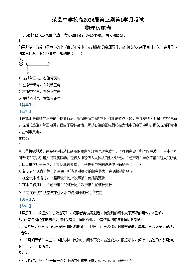 四川省荣县中学2024-2025学年高二上学期第一学月考试物理试卷(Word版附解析)第1页