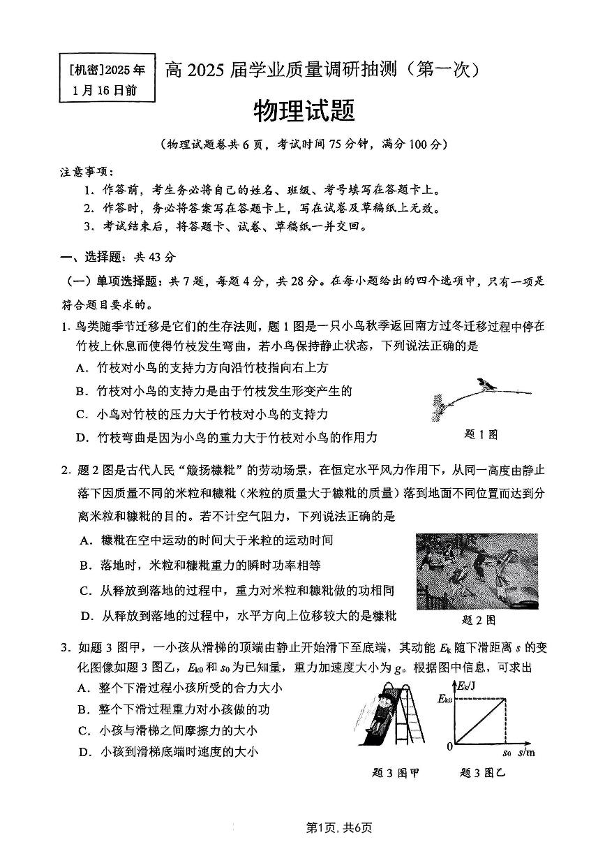 重庆主城五区2025届高三高考一模考试 物理试卷（原卷+参考答案）