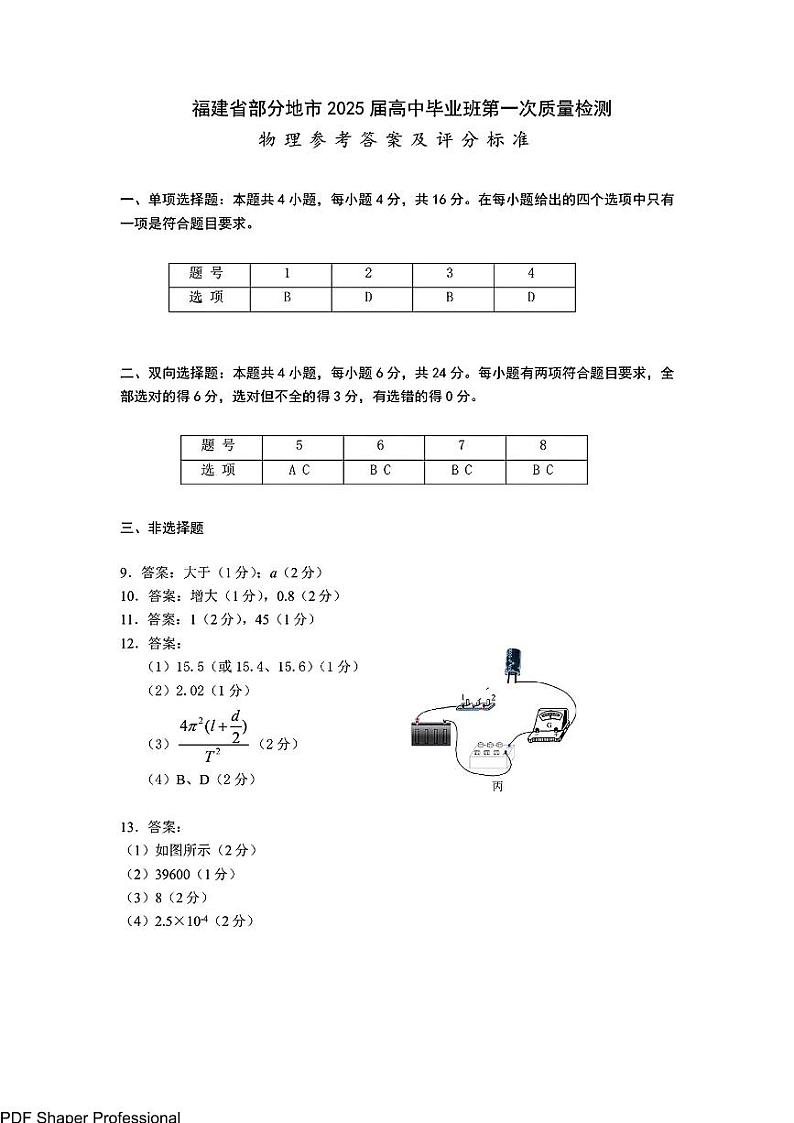 福建省六市地区2025届高中毕业班第一次质量检测-物理答案第1页