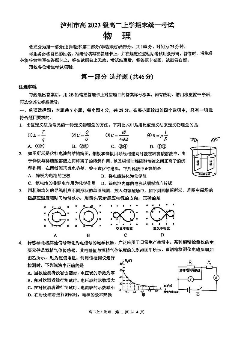 四川省泸州市2024-2025学年高二上学期期末统一考试物理试题第1页