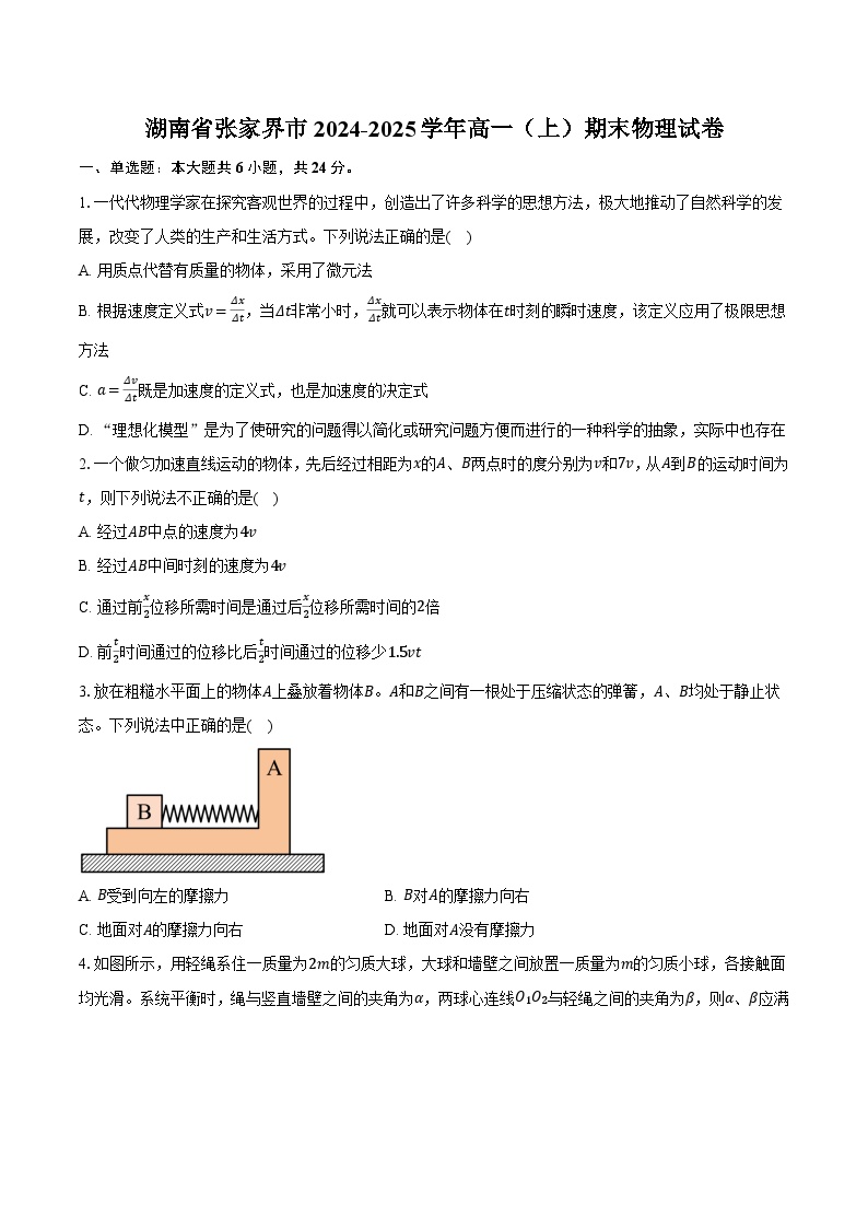 湖南省张家界市2024-2025学年高一（上）期末物理试卷