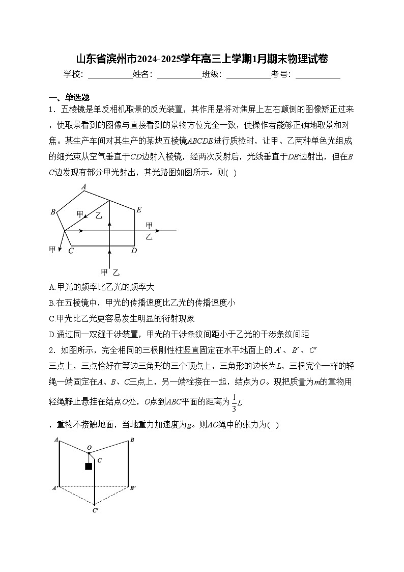山东省滨州市2024-2025学年高三上学期1月期末物理试卷(含答案)第1页