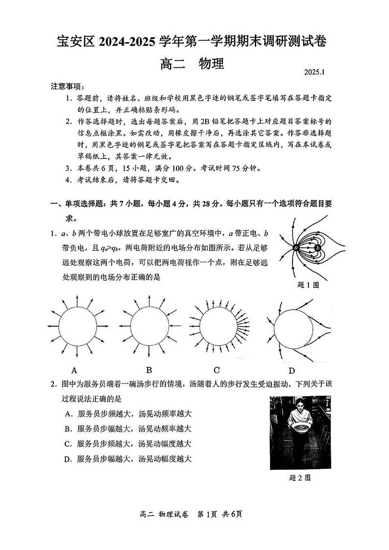 深圳市宝安区2024-2025学年高二上学期期末调研测试物理试题第1页