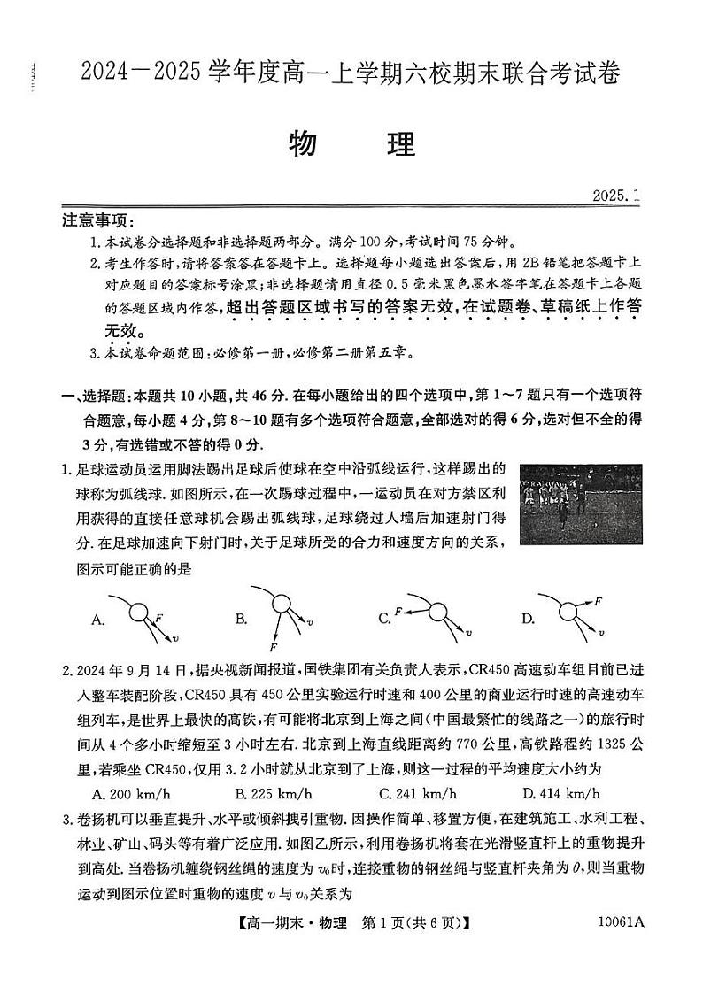 黑龙江省哈尔滨市六校2024-2025学年高一上学期期末联考试题 物理 PDF版含解析第1页