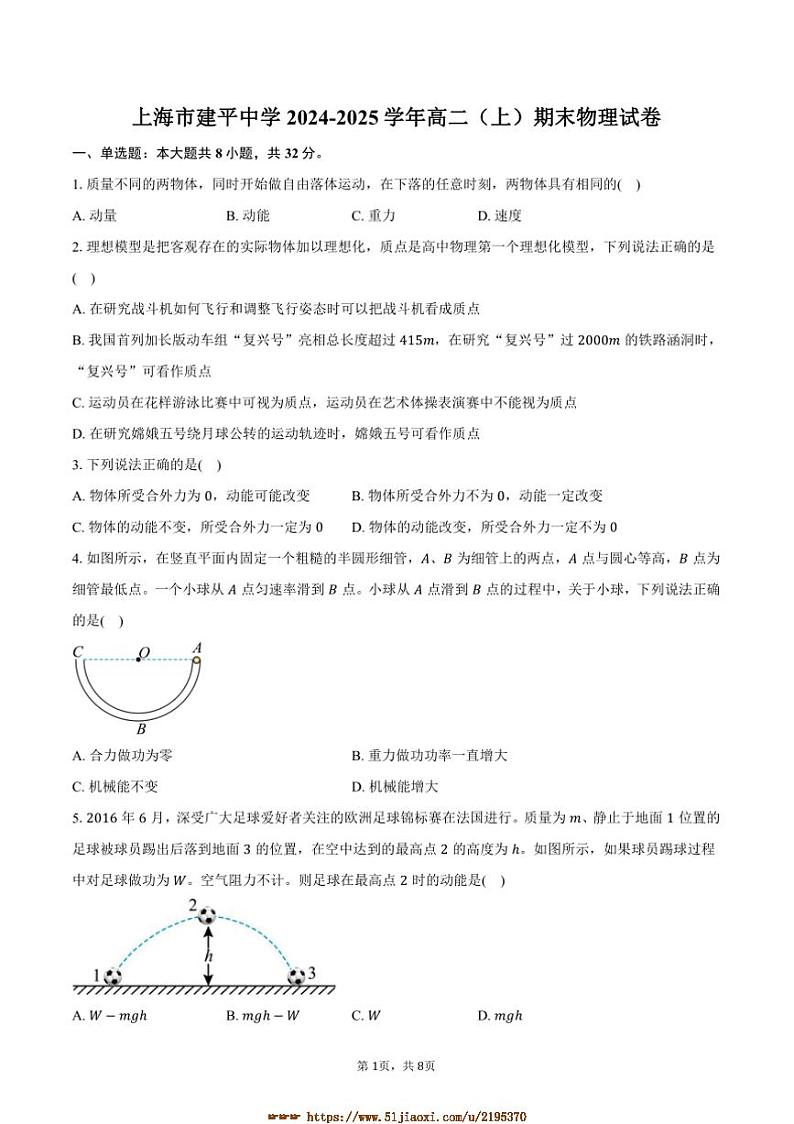 2024~2025学年海市建平中学高二上(上)期末物理试卷(含答案)第1页
