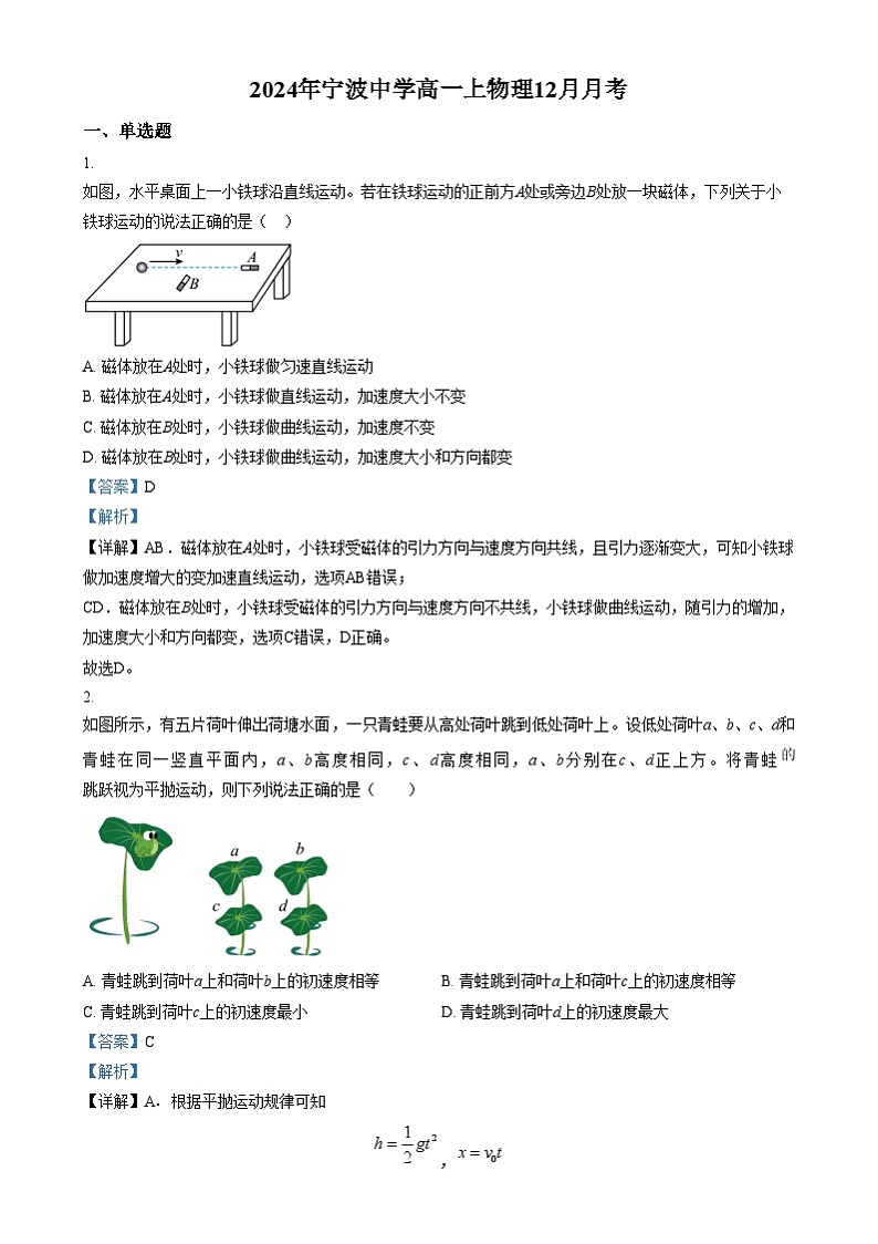 浙江省宁波中学2024-2025学年高一上学期12月月考物理试题 Word版含解析第1页