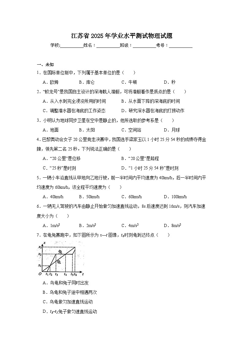 江苏省2025年高中学业水平测试物理试题第1页