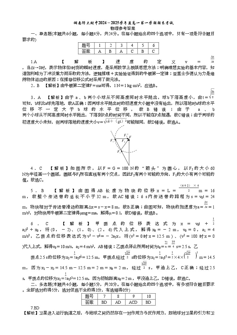 湖南省长沙市湖南师范大学附属中学2024-2025学年高一上学期期末考试物理试题答案第1页