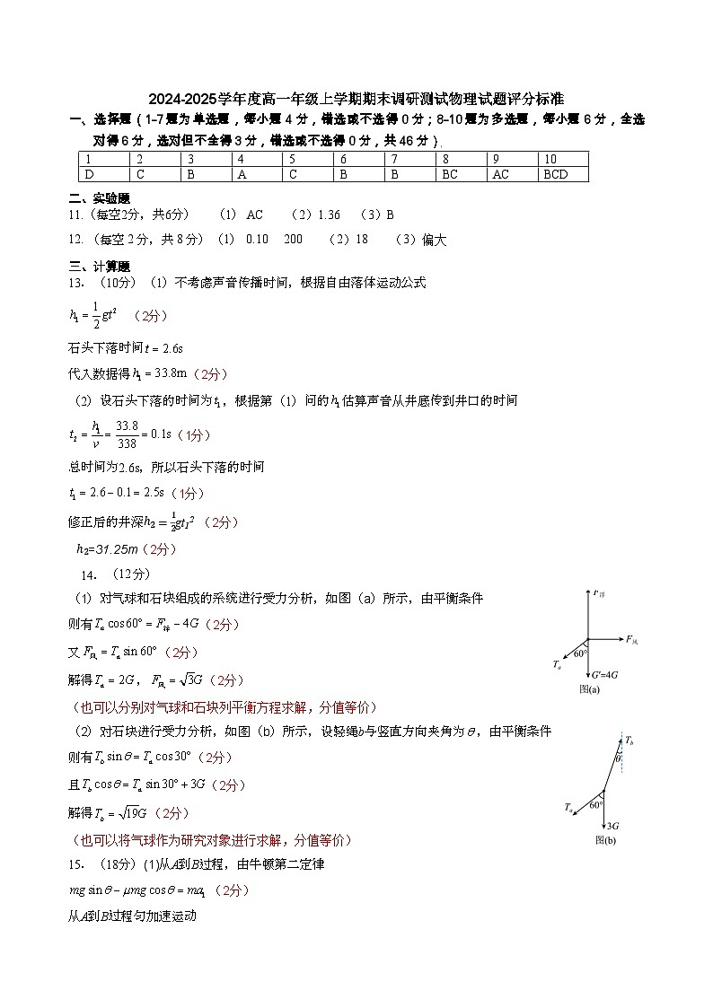 物理高一期答案及评分标准 密码 20250120第1页