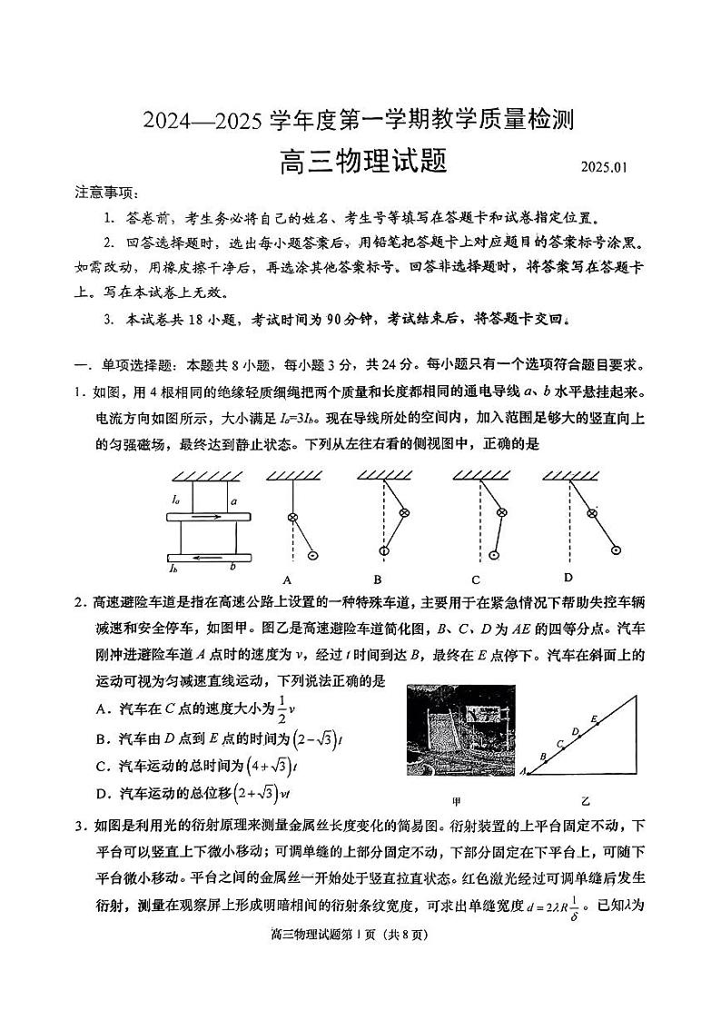 山东省青岛市2024-2025高三上学期期末物理试卷及答案第1页