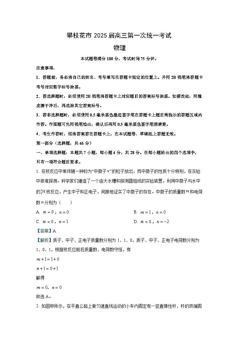 2025届四川省攀枝花市高三上学期第一次统一考试物理试题(解析版)第1页