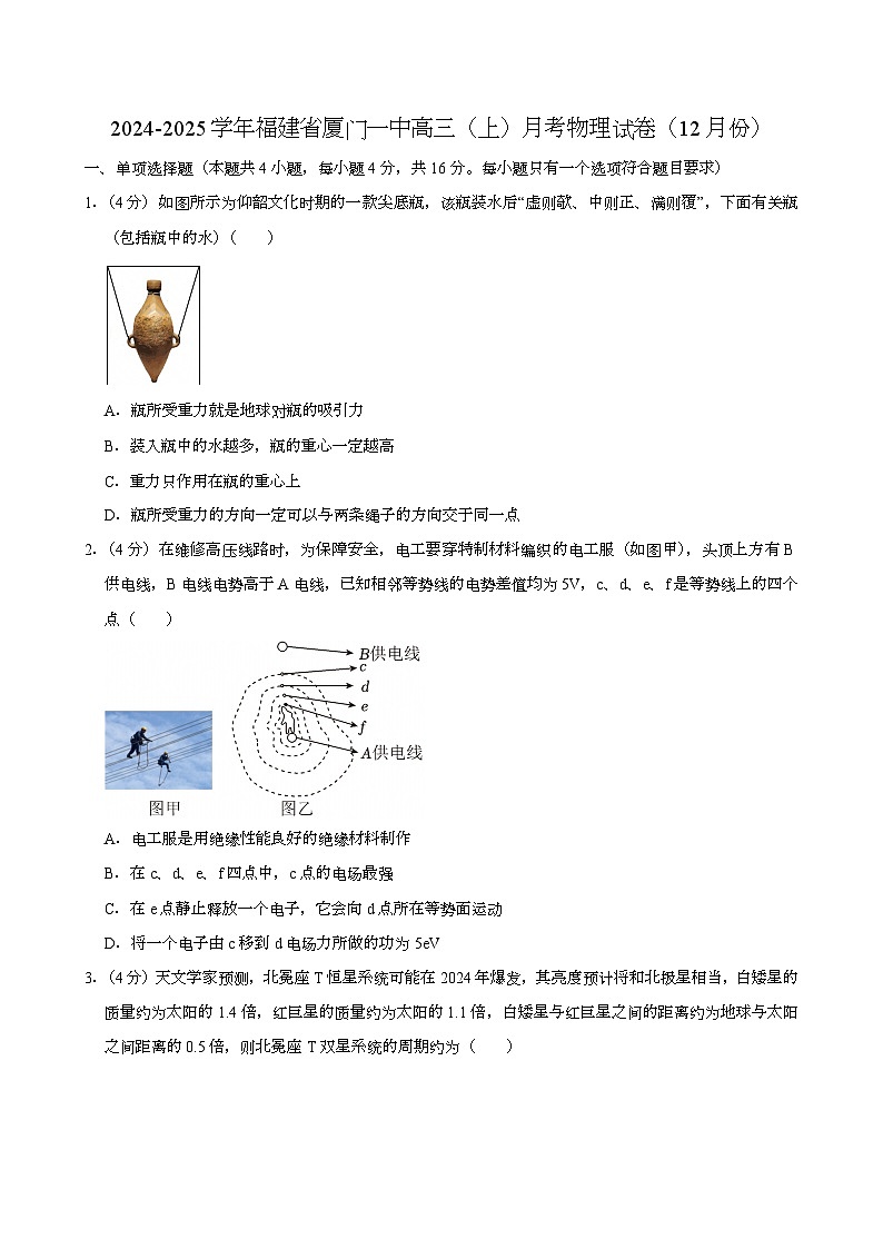 福建省厦门一中2024-2025学年高三(上)月考 物理试卷(12月份)(含解析)第1页