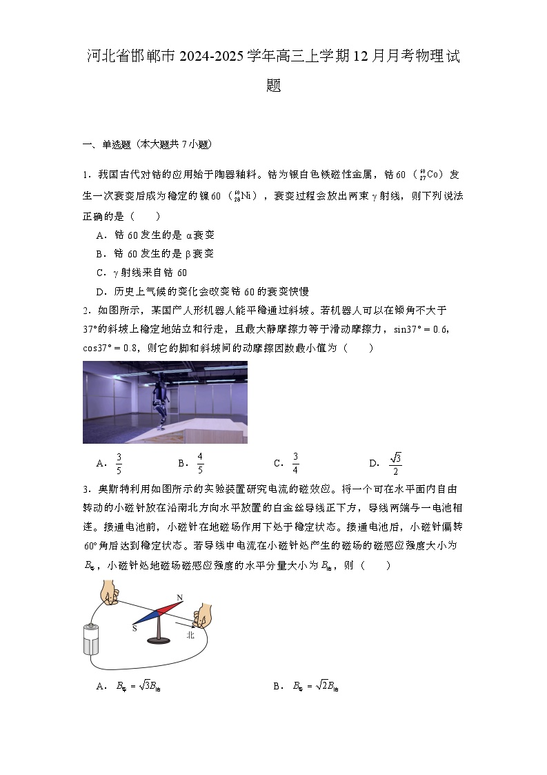 河北省邯郸市2024-2025学年高三上学期12月月考 物理试题