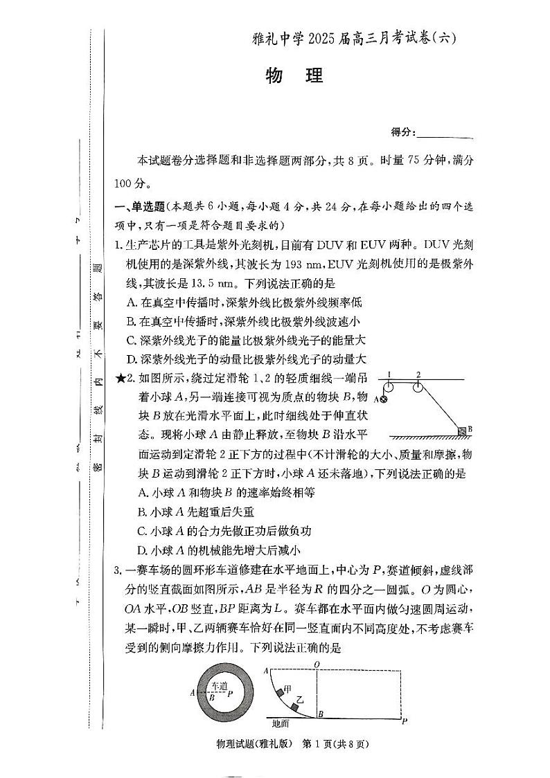 湖南省长沙市雅礼中学2024-2025学年高三下学期月考(六)——物理【含答案解析】第1页
