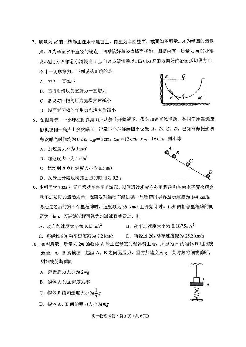 云南省红河州、文山州2024-2025学高一上学期1月期末统一检测物理试题第3页