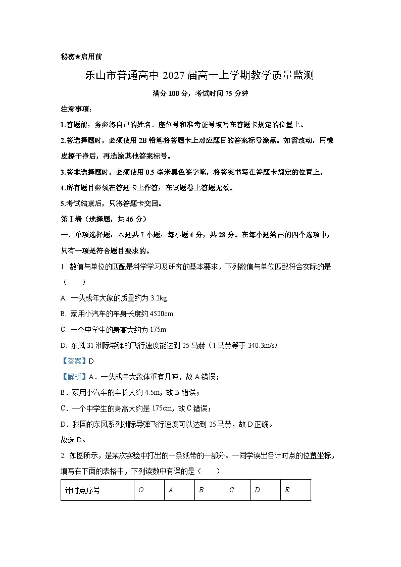 四川省乐山市普通高中2024-2025学年高一上学期期末质量监测物理试题（解析版）