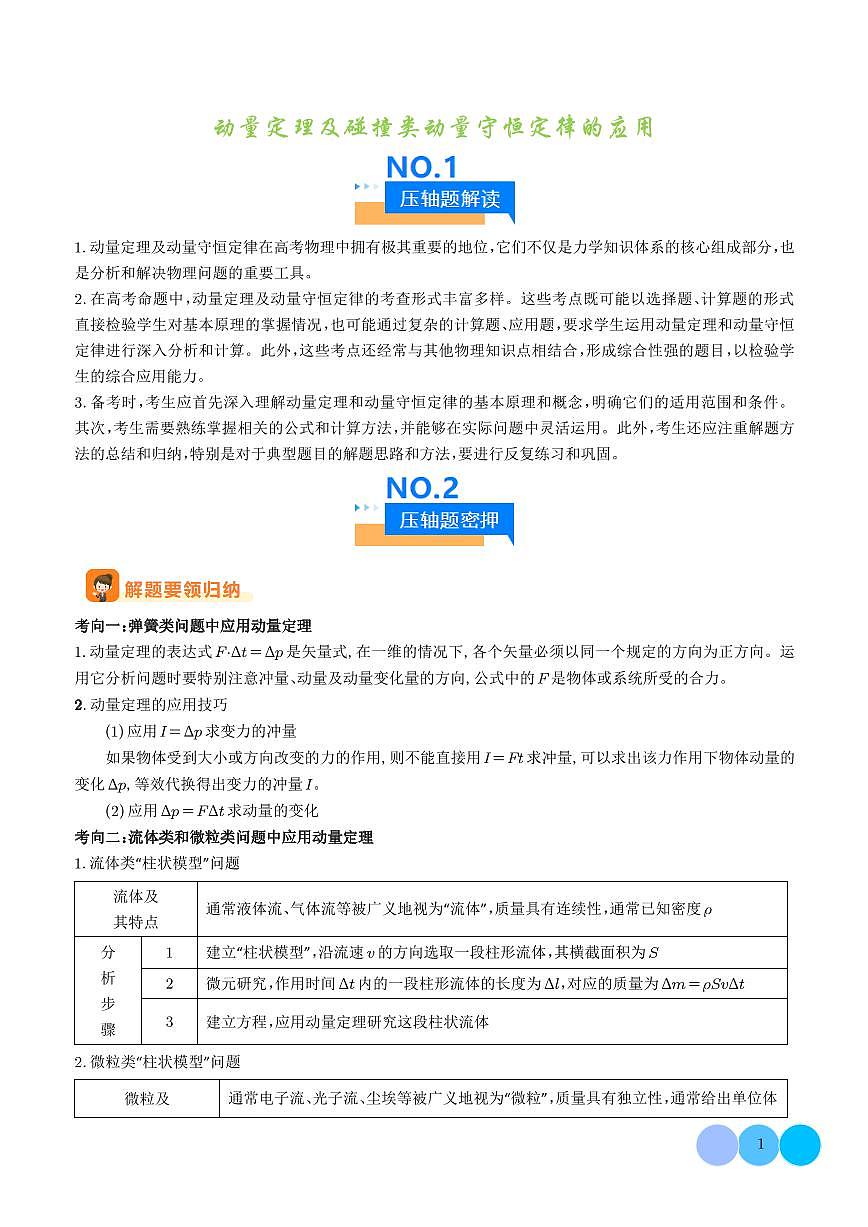 动量定理及碰撞类动量守恒定律的应用(解析版)第1页