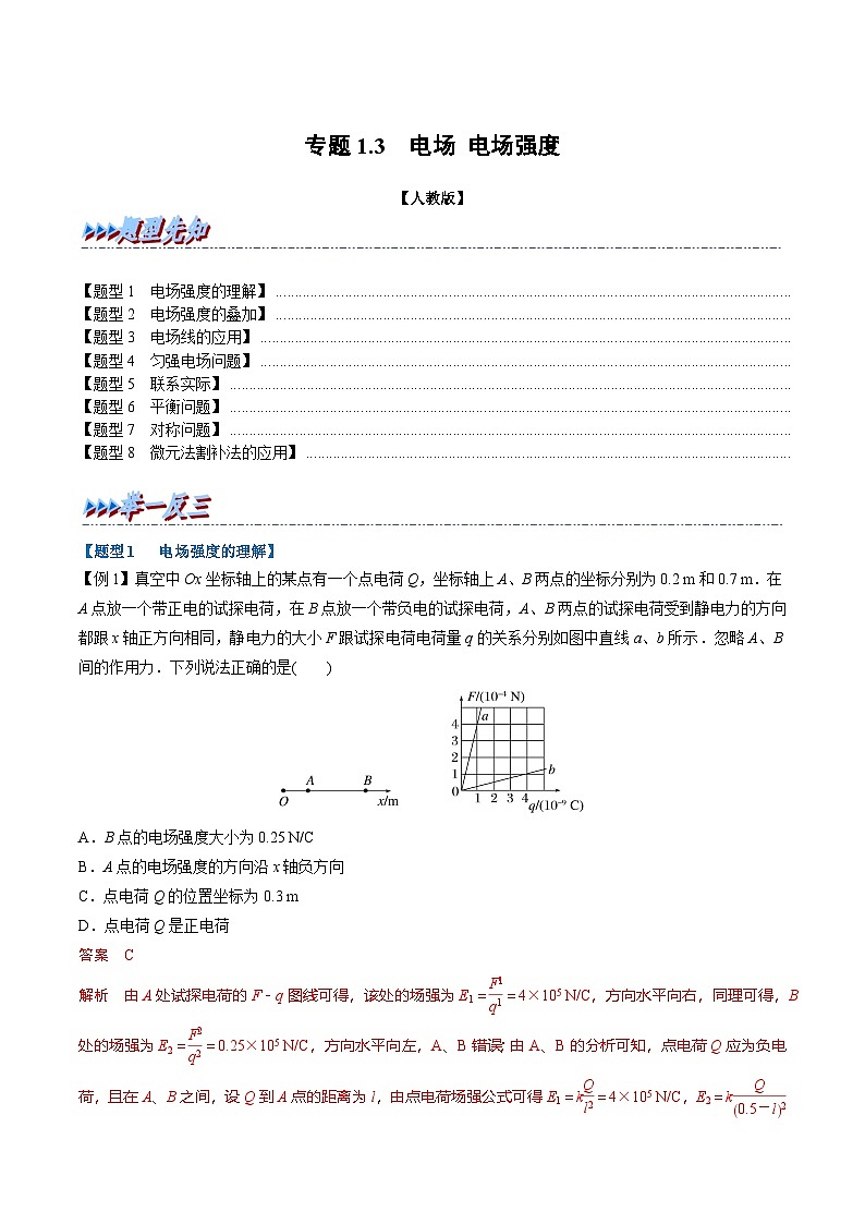 人教版高中物理(必修三)同步题型训练专题1.3 电场 电场强度(教师版) 第1页