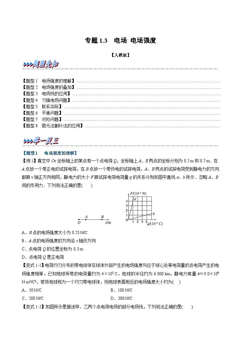 人教版高中物理(必修三)同步题型训练专题1.3 电场 电场强度(学生版) 第1页