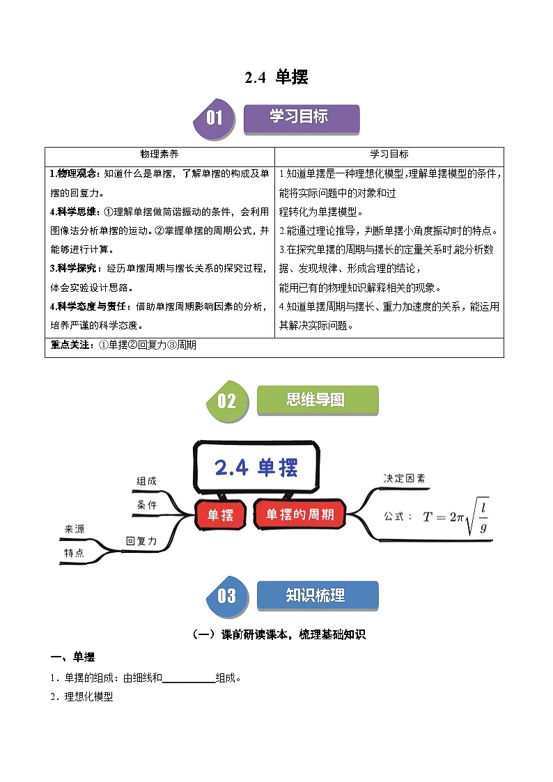 人教版高中物理(选择性必修一)同步讲与练2.4 单摆(原卷版)第1页