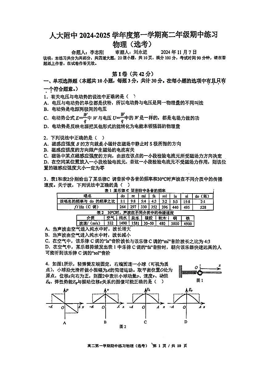 2024北京人大附中高二(上)期中物理(选考)试卷(无答案)第1页