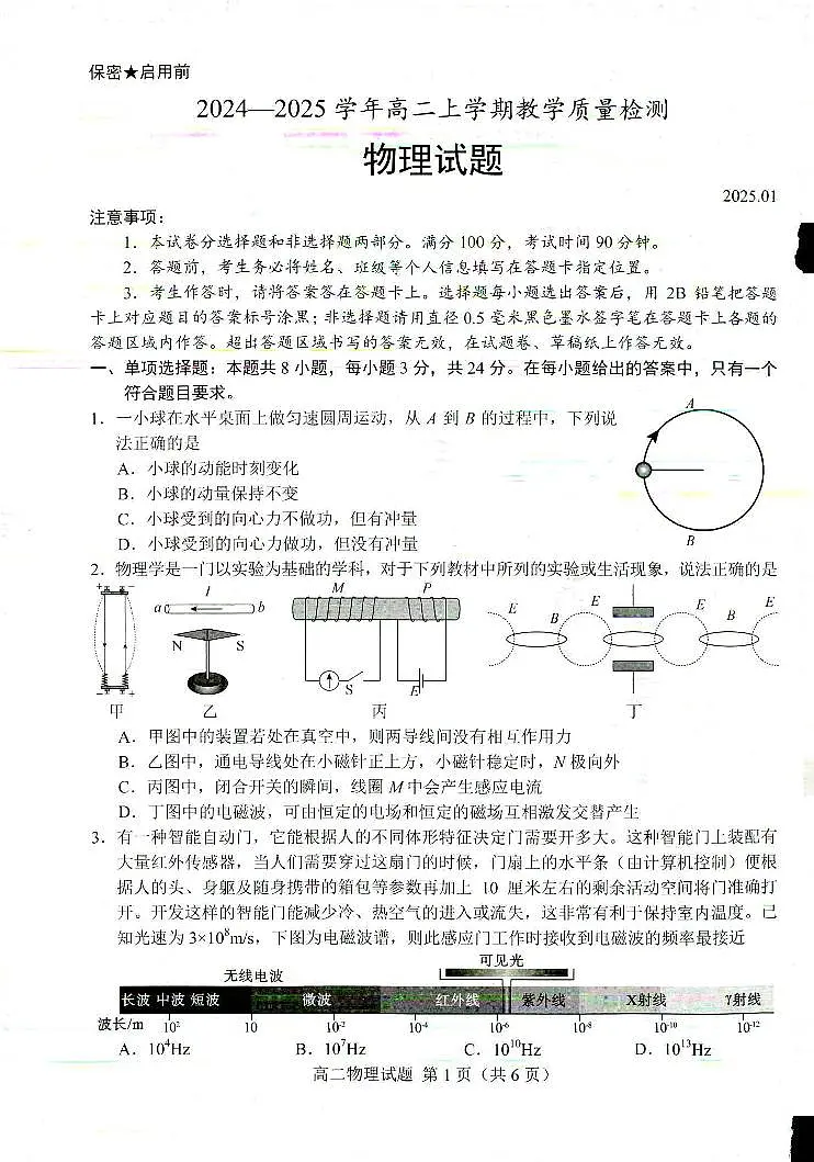 2025菏泽高二上学期1月期末考试物理PDF版无答案第1页