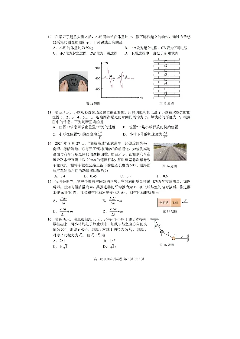 2024~2025学年浙江省湖州市高一上学期期末(图片版)物理试卷第3页